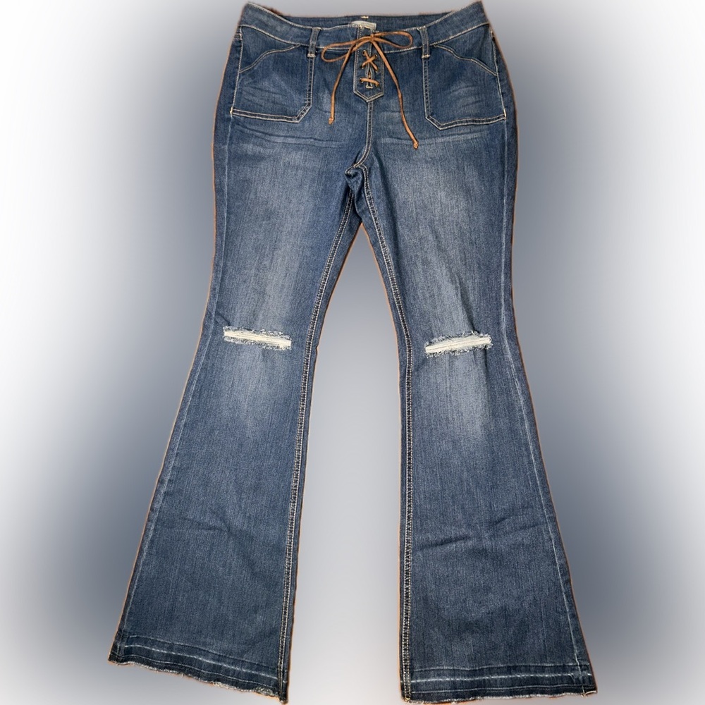 Y2K Faux Leather Lace Up New York & Co Distressed Low Rise Blue Flare Jeans 12
